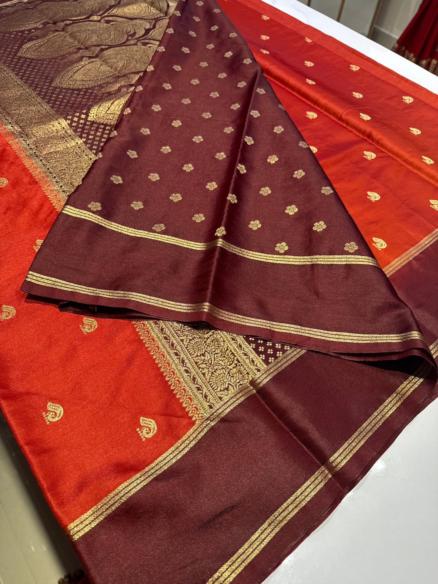 Rust orange with brown Gajji silk saree
