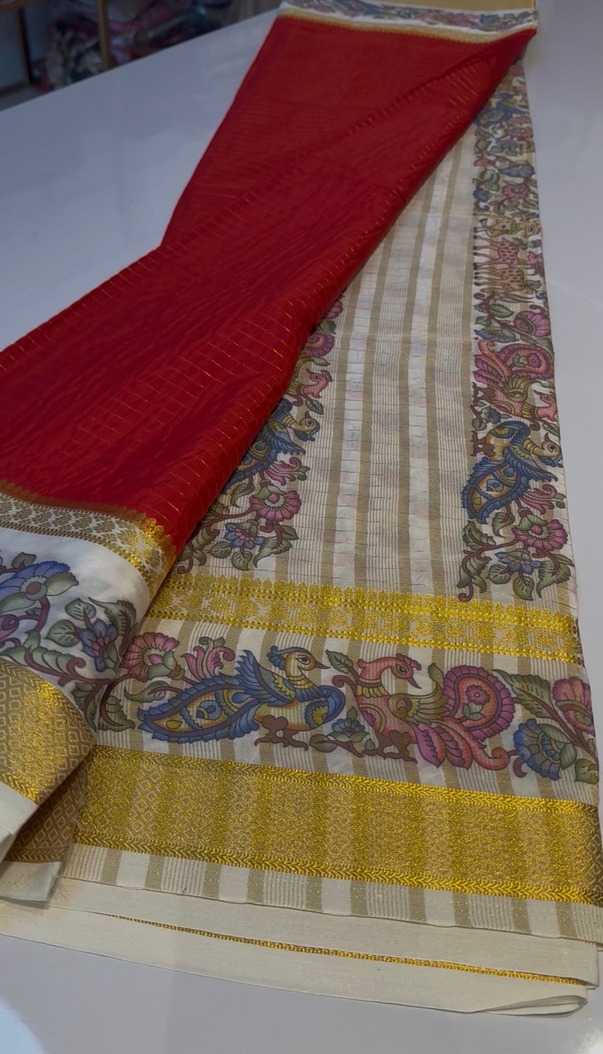 Red semi crepe kalamkari digital print sarees