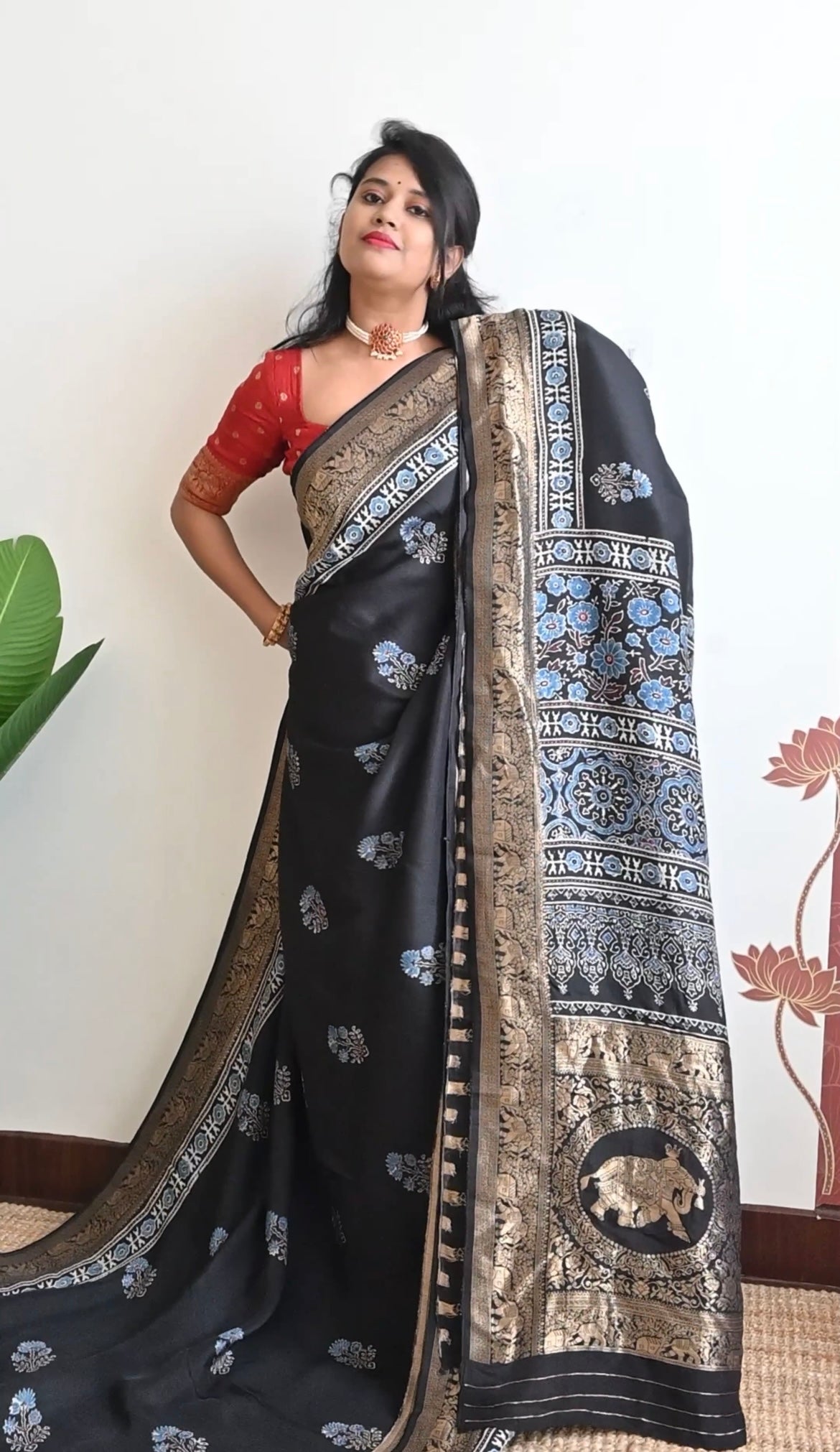 Dola Silk Saree with ajrakh hand block print