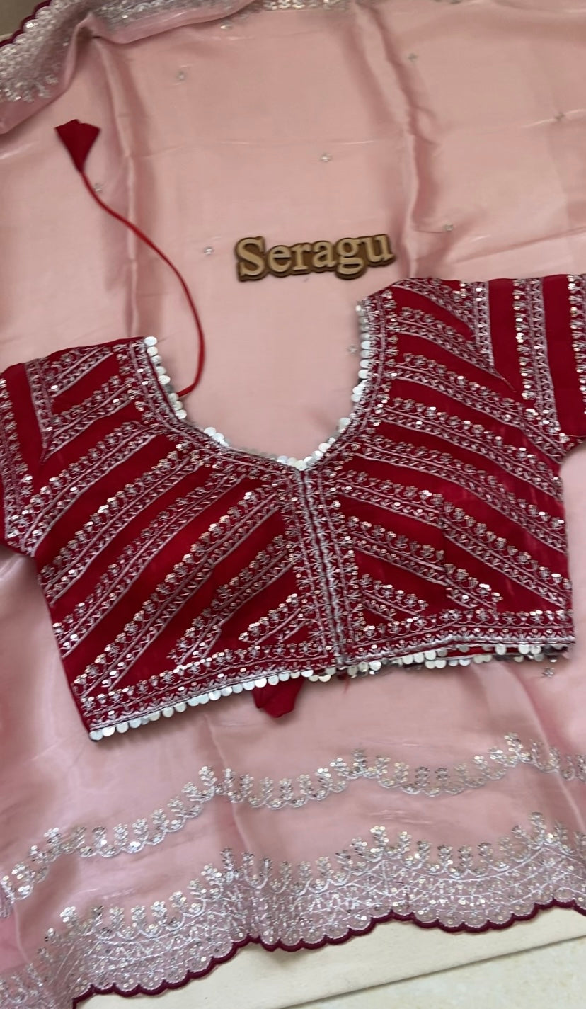 Premium satin organza saree with stitched blouse