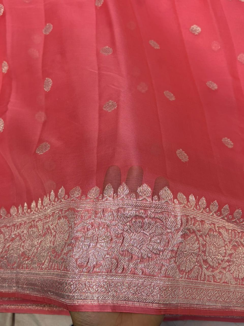 Peach pink pure chiffon Banarasi sarees