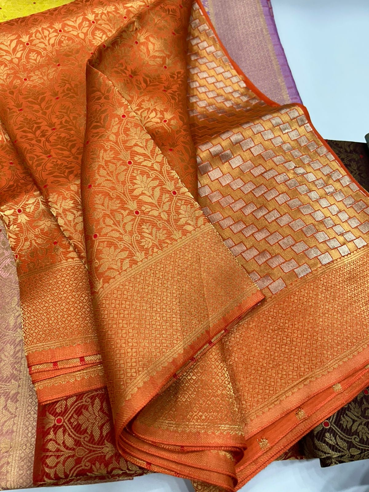 Orange Premium brocade crepe Banarasi saree where rich weaving meets effortless drape-luxury(SSB3800)