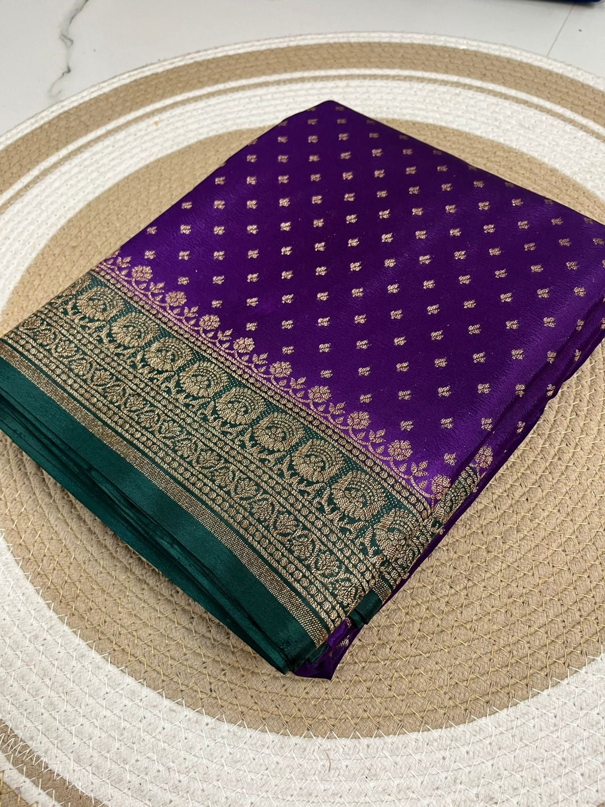 Purple with green pure Crepe chiffon banarasi saree