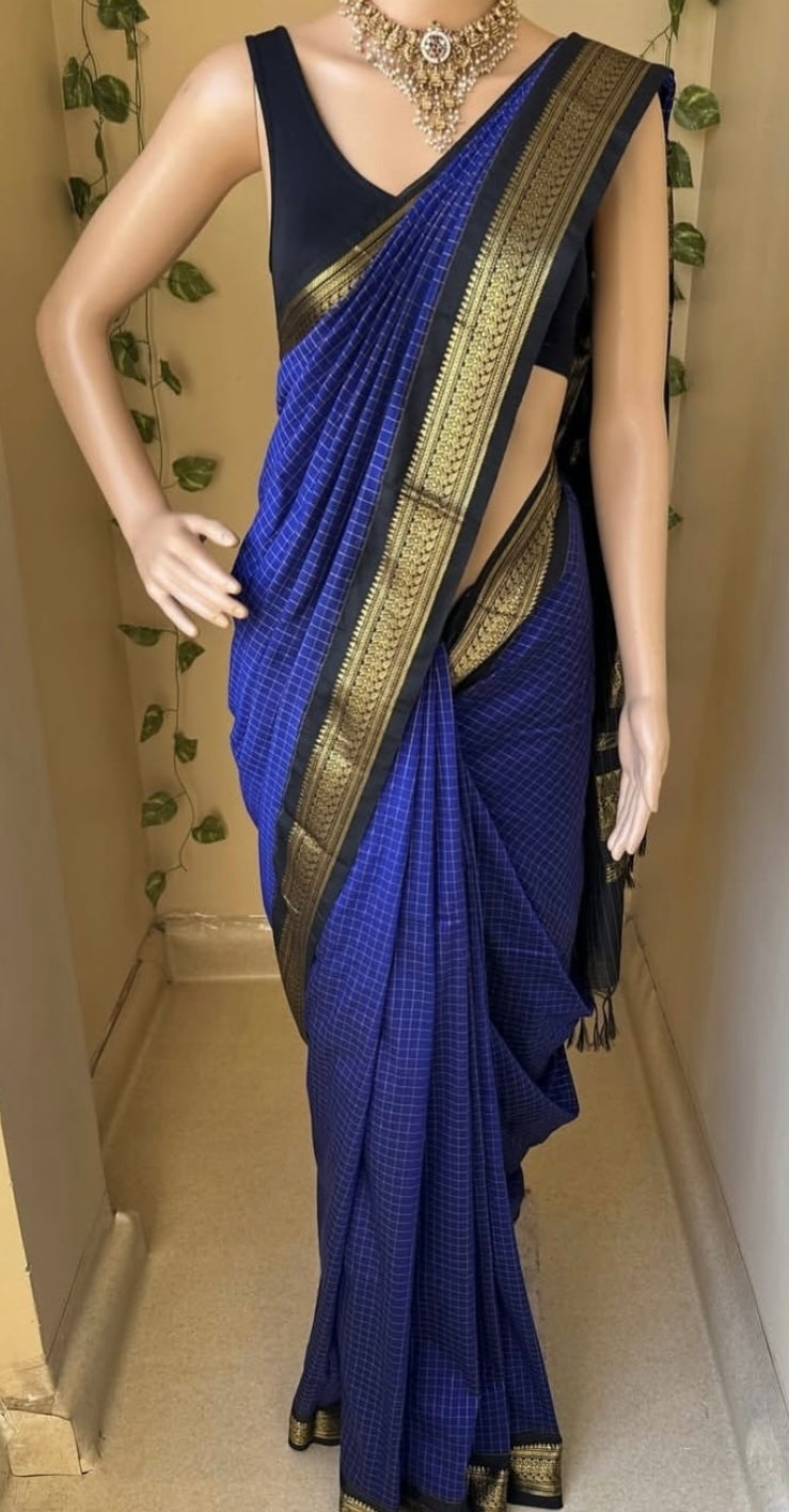 Blue checked Cotton Silk Saree