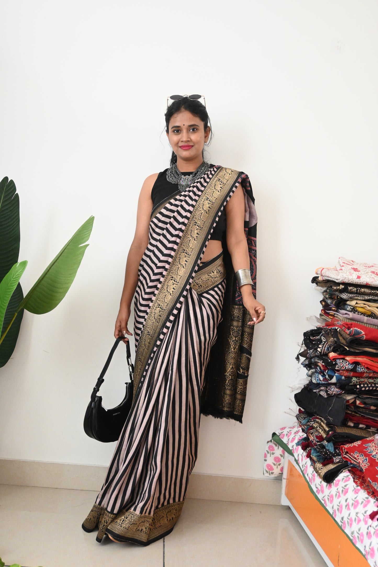 Black and white Dola silk saree