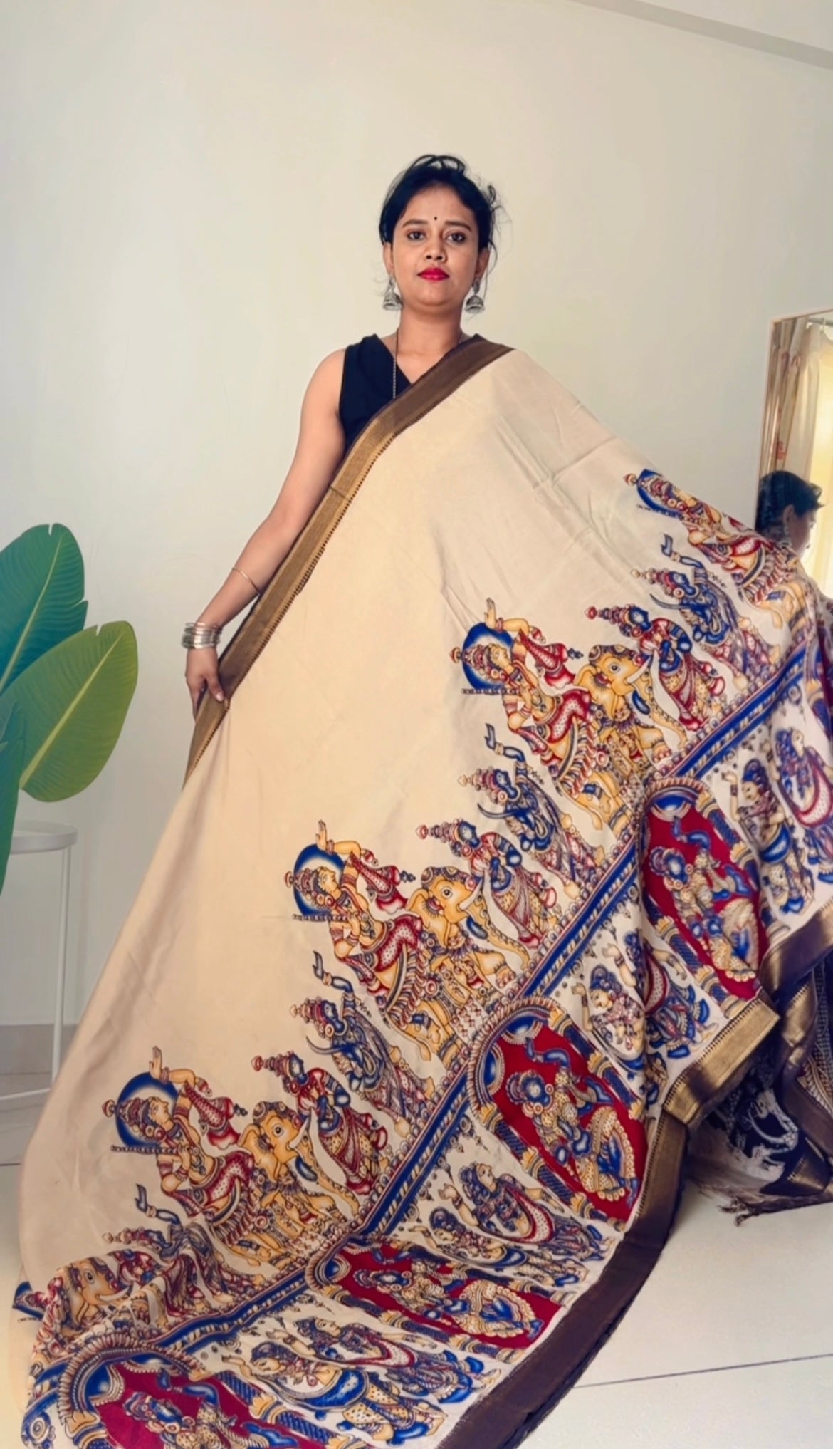 Off-white pure kalamkari chennur silk saree with nizam border