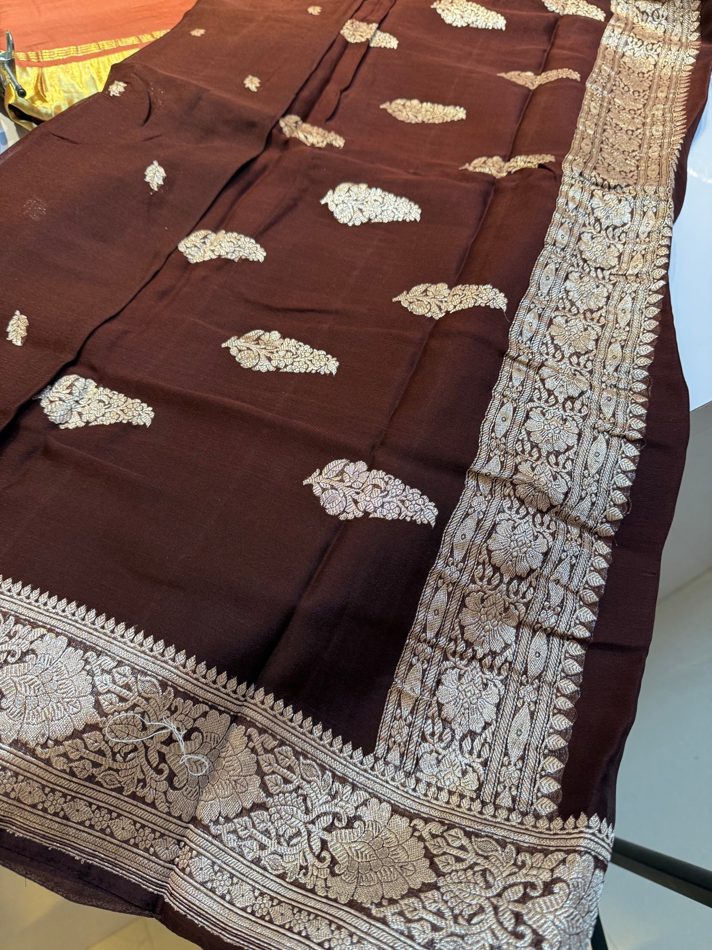 Chocolate brown pure chiffon Banarasi sarees