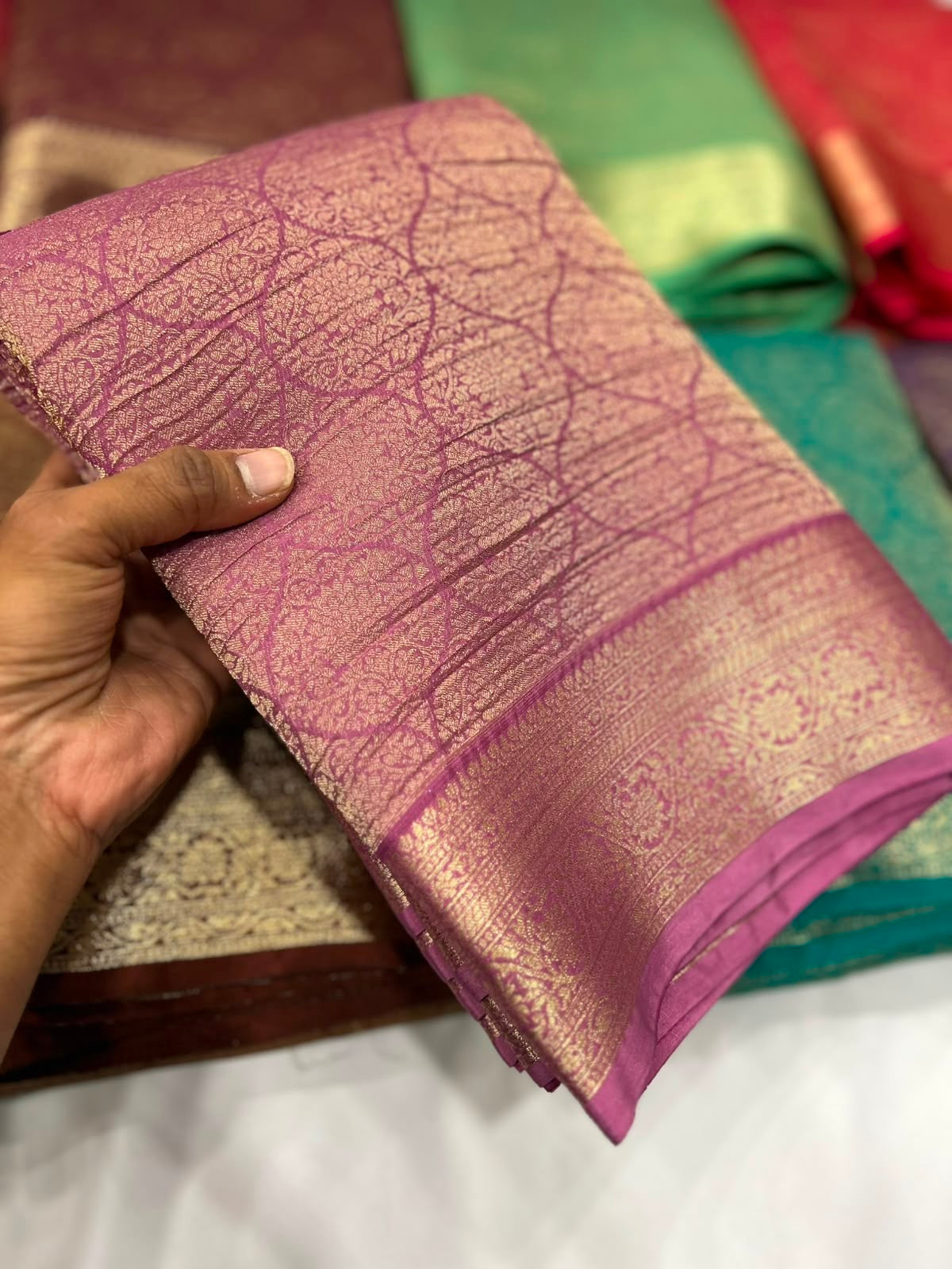 Baby Pink premium wrinkle Chinnon brocade saree