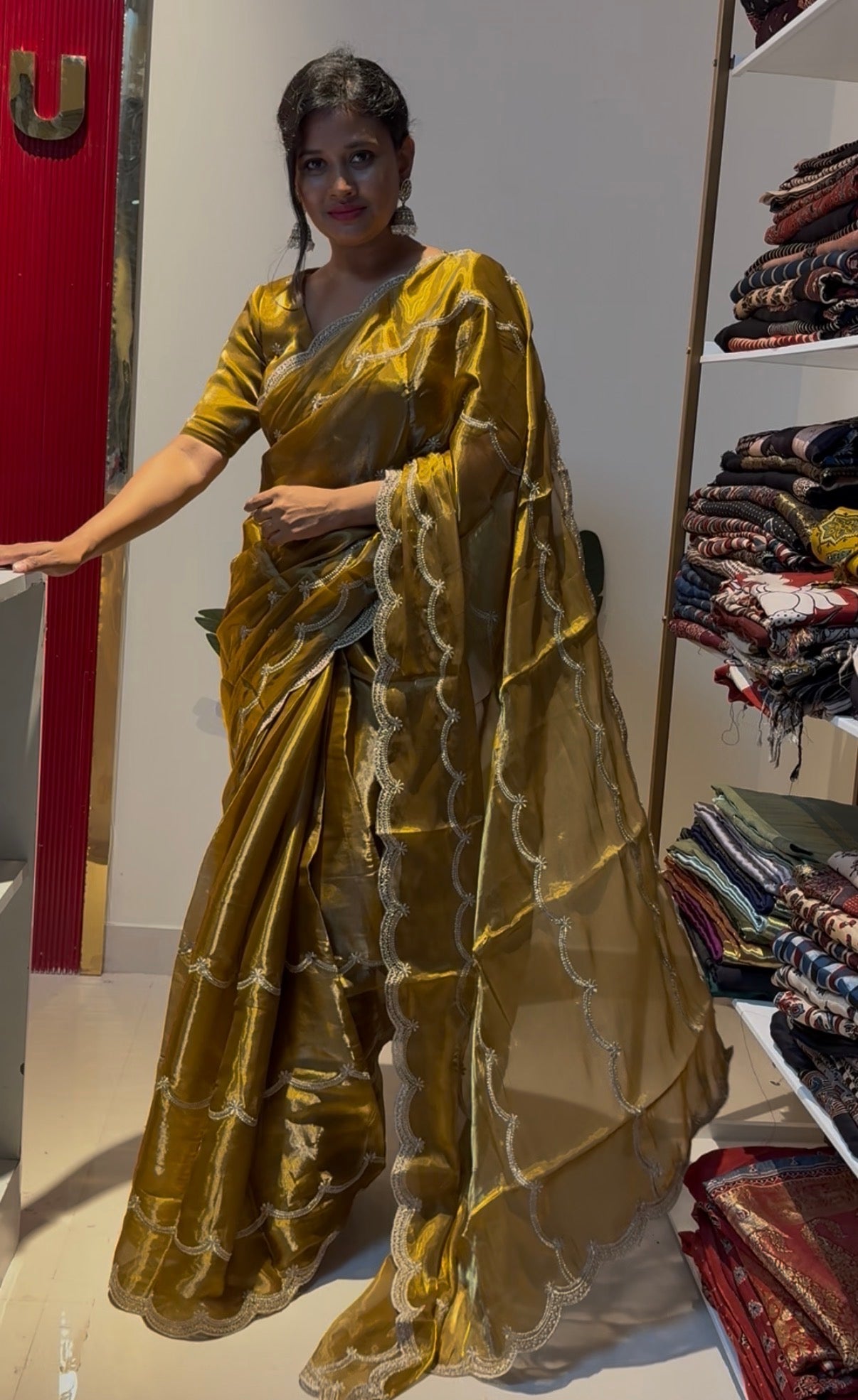 Golden brown Satin organza Saree with sequence embroidery work