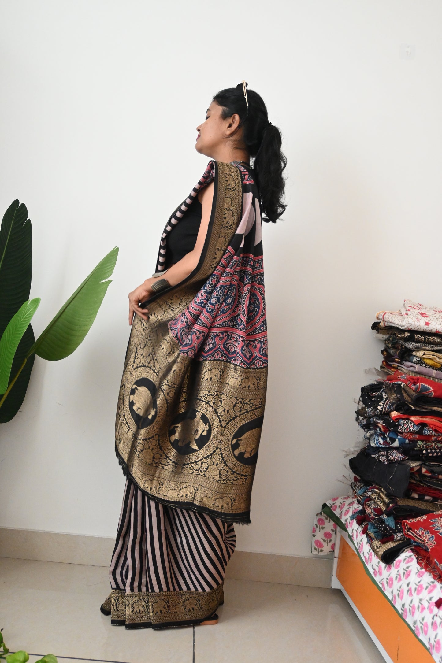 Black and white Dola silk saree