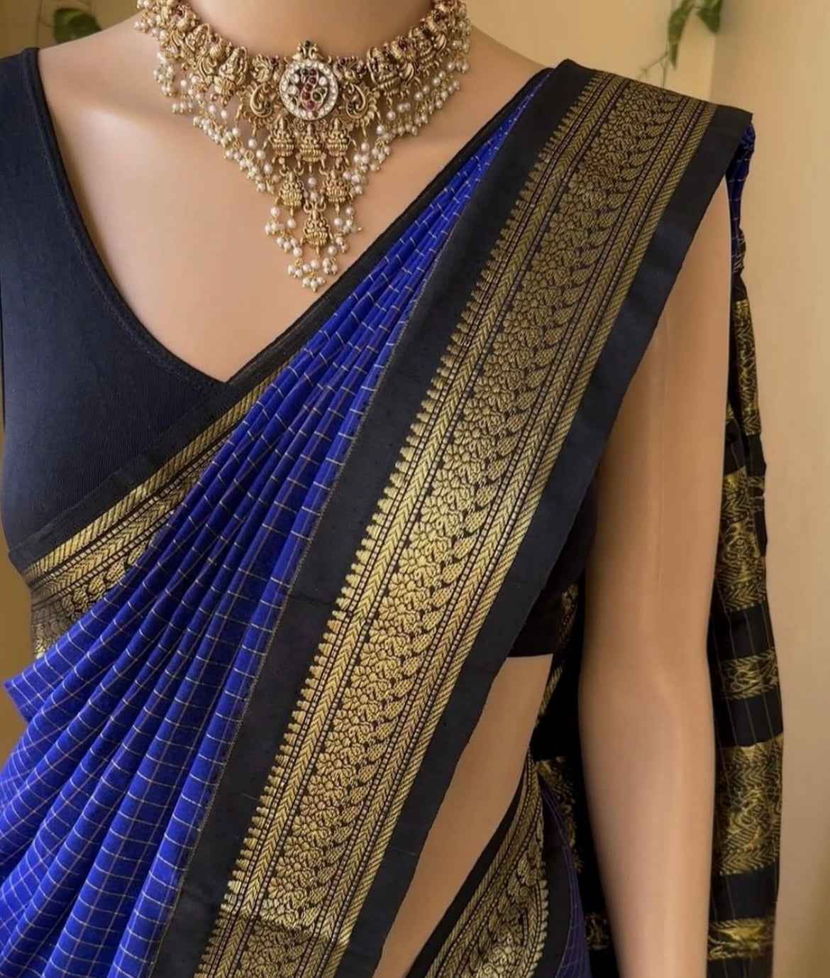 Blue checked Cotton Silk Saree