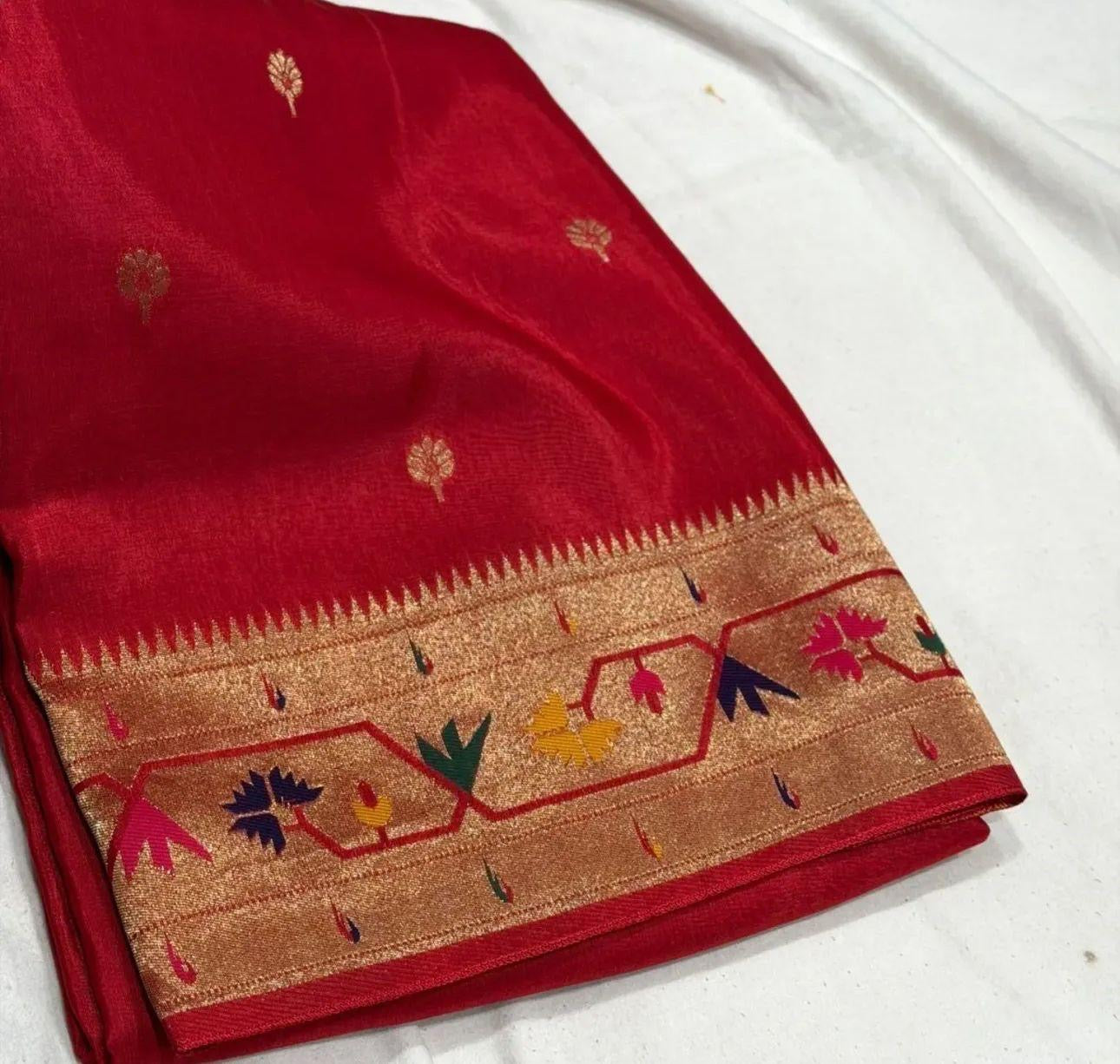 Red dola silk saree with paithani border.