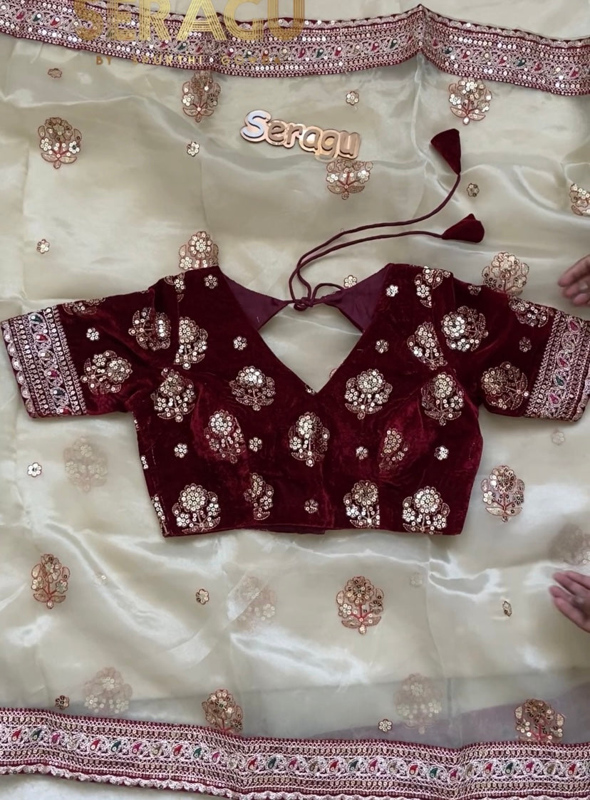 Designer organza saree with velvet blouse saree