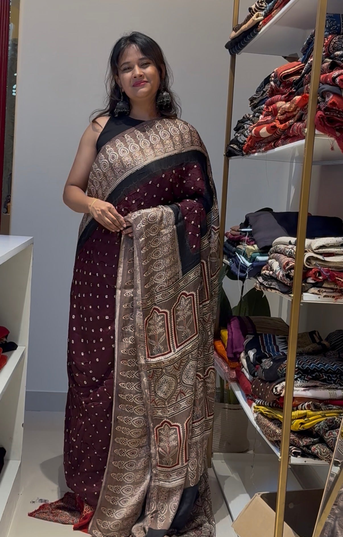 Wine with grey Bandhej Ajrakh Modal Silk Saree