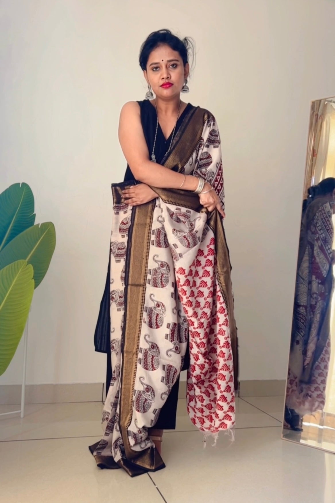 Elephant Motifs Kalamkari chennur silk saree with nizam border