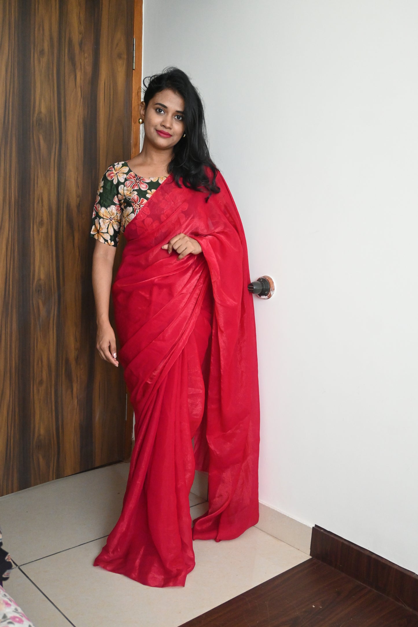 Red space silk saree with position embroidery blouse