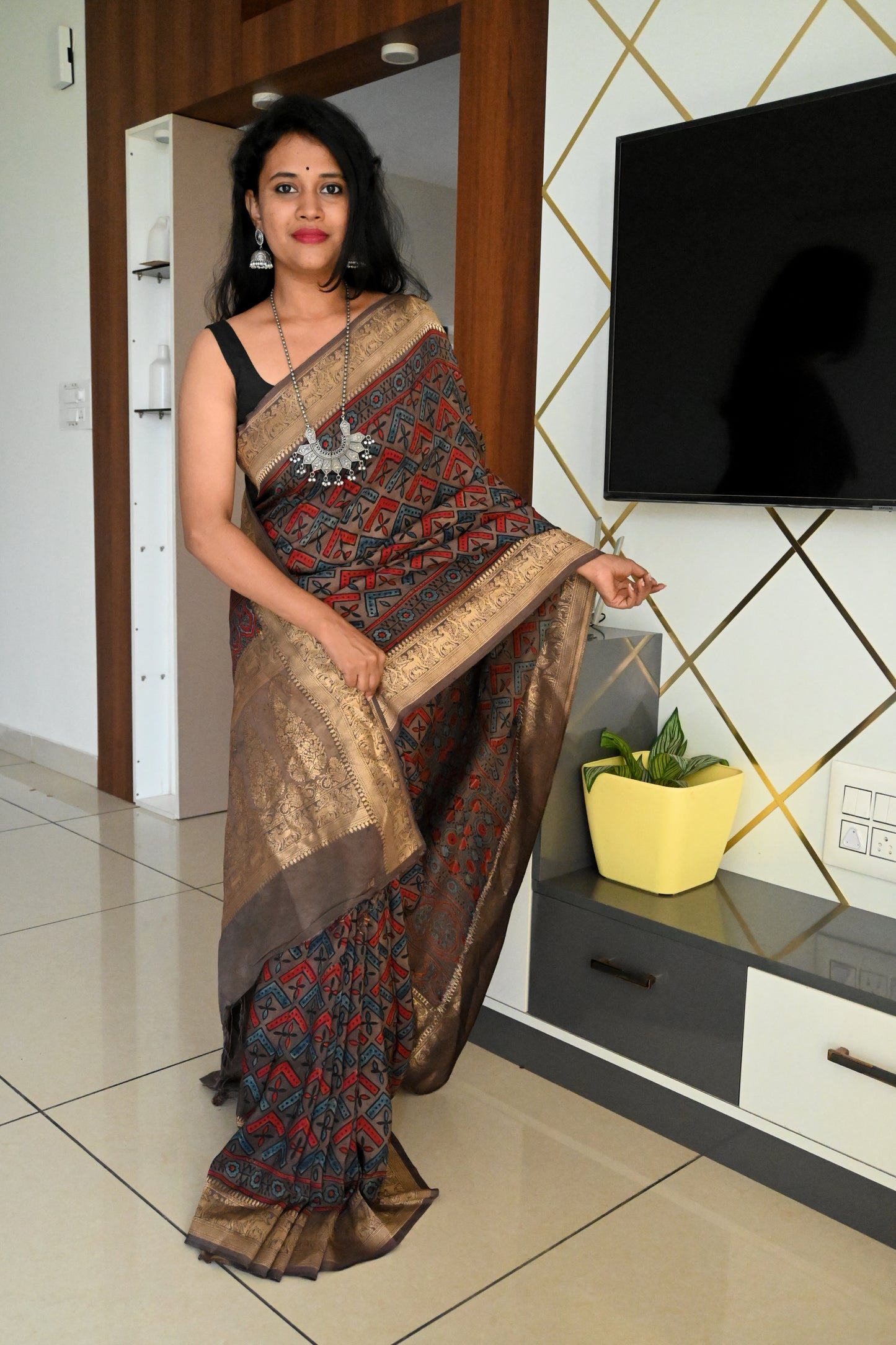 Ajrakh Dola Silk Saree