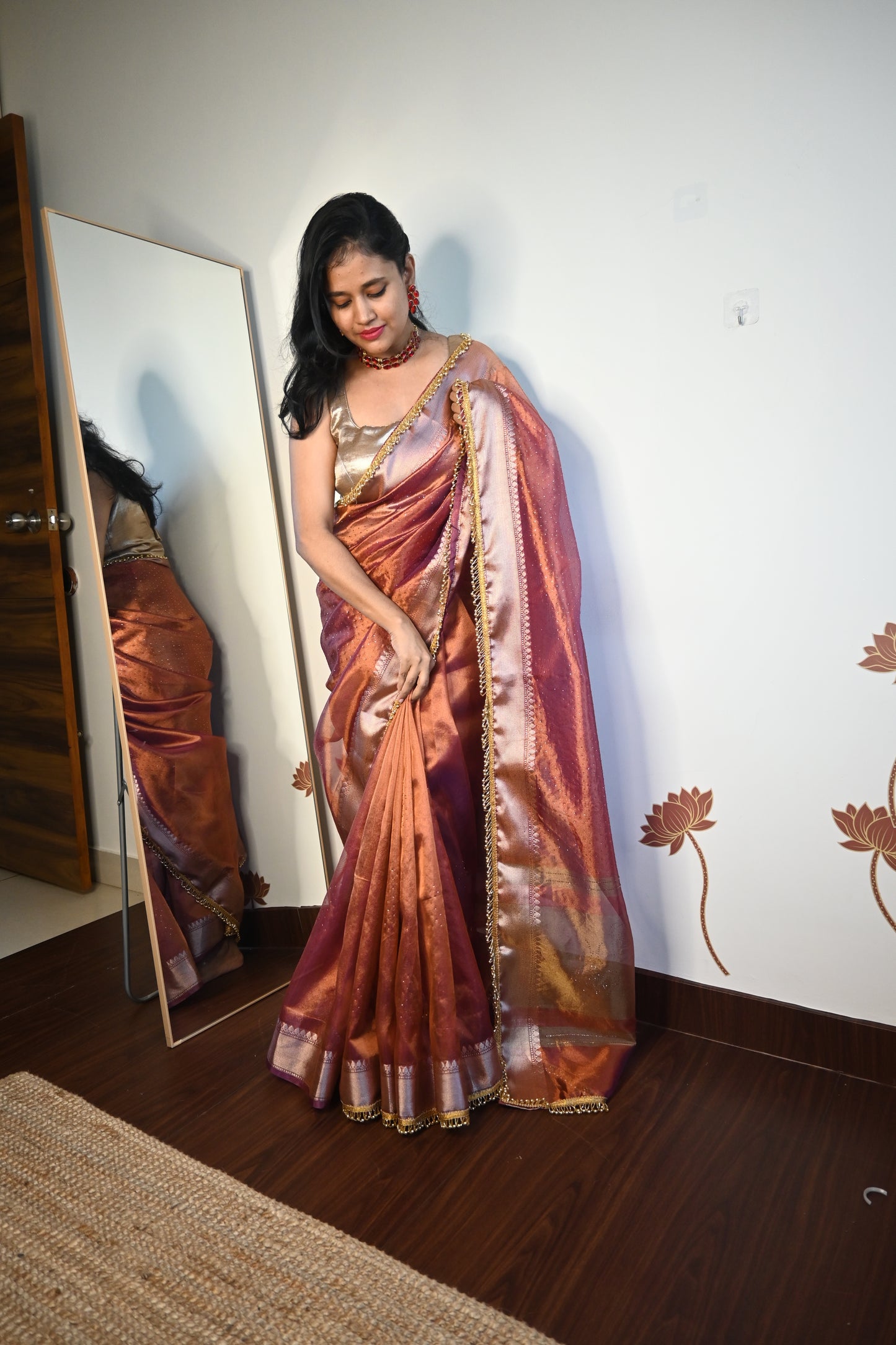 Designer Copperish Purple Tissue Silk Saree
