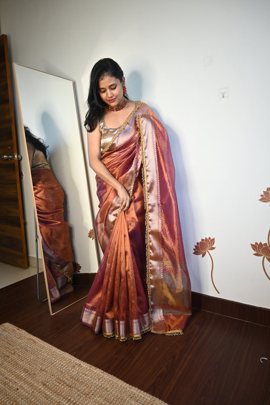 Designer Copperish Purple Tissue Silk Saree
