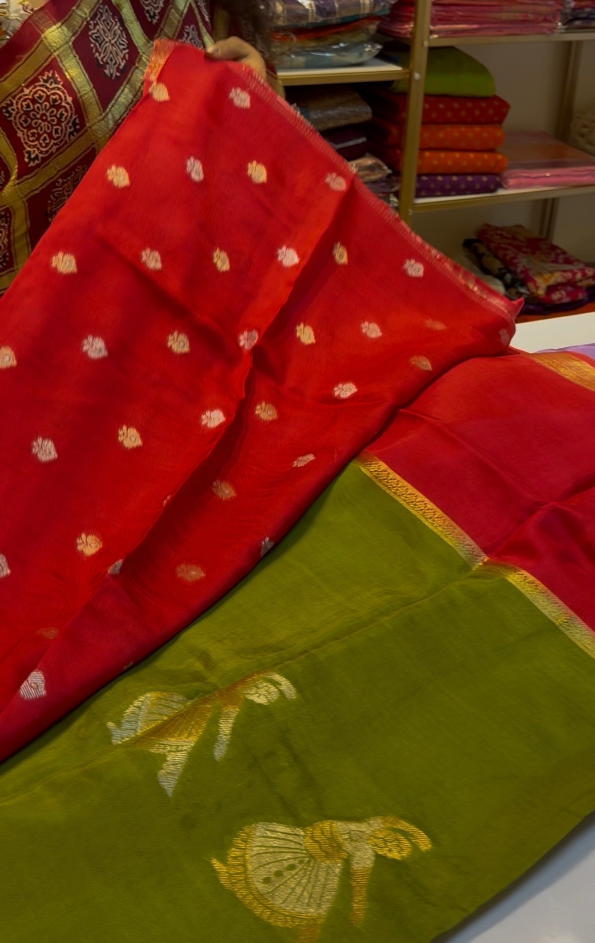 Green with reddish pink Premium viscose Saree