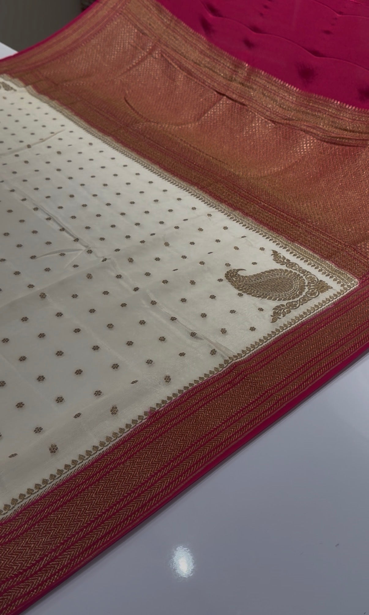 Off white with pink Pure crepe Banarasi Saree