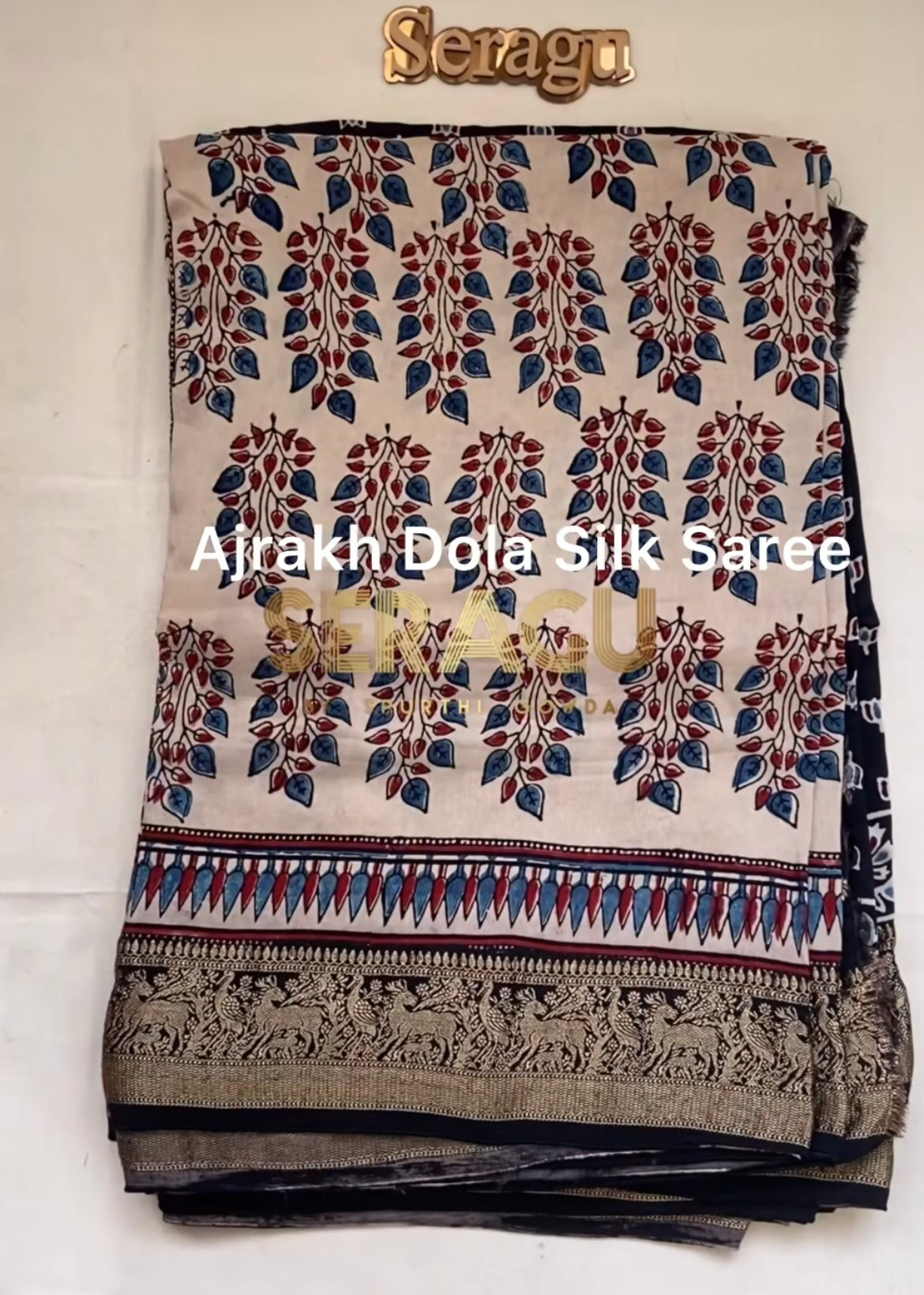 Dola Silk Saree with ajrakh hand block print