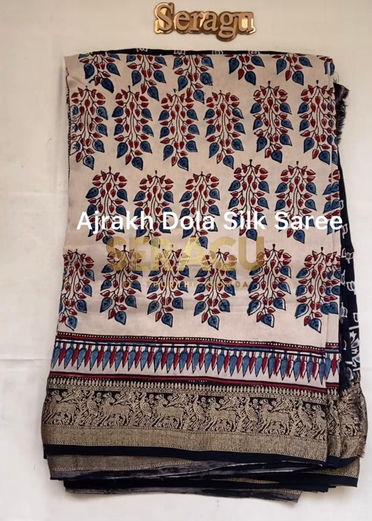 Dola Silk Saree with ajrakh hand block print