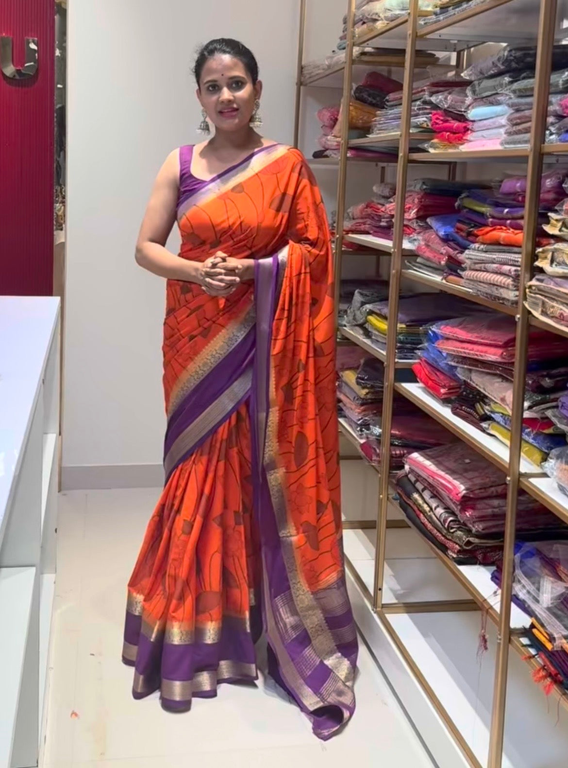 Orange semi crepe silk saree