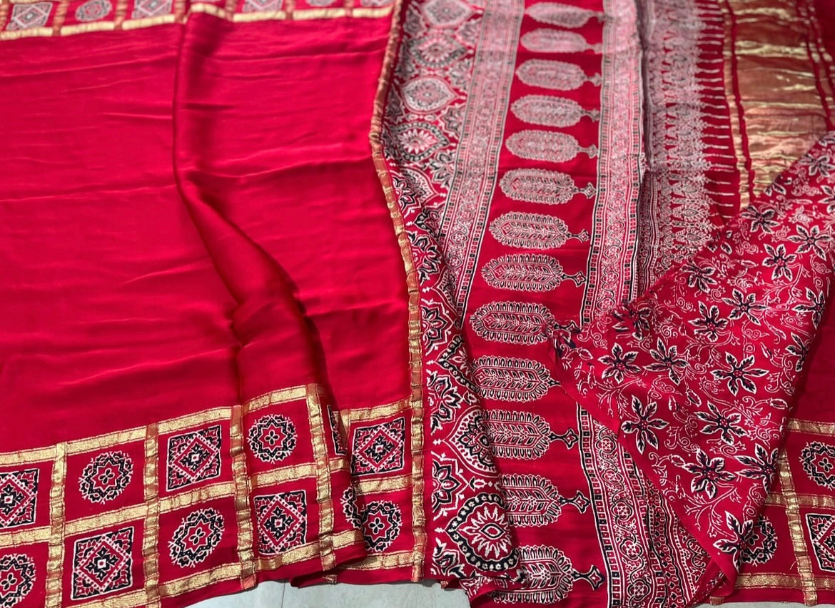 Bandhej ajrakh modal silk saree with lagadi pallu