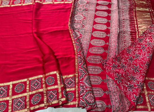 Bandhej ajrakh modal silk saree with lagadi pallu