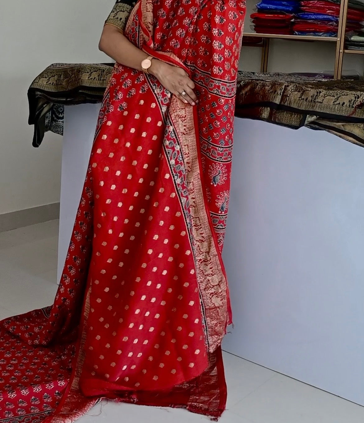 Premium Red Flower Dola Silk Saree