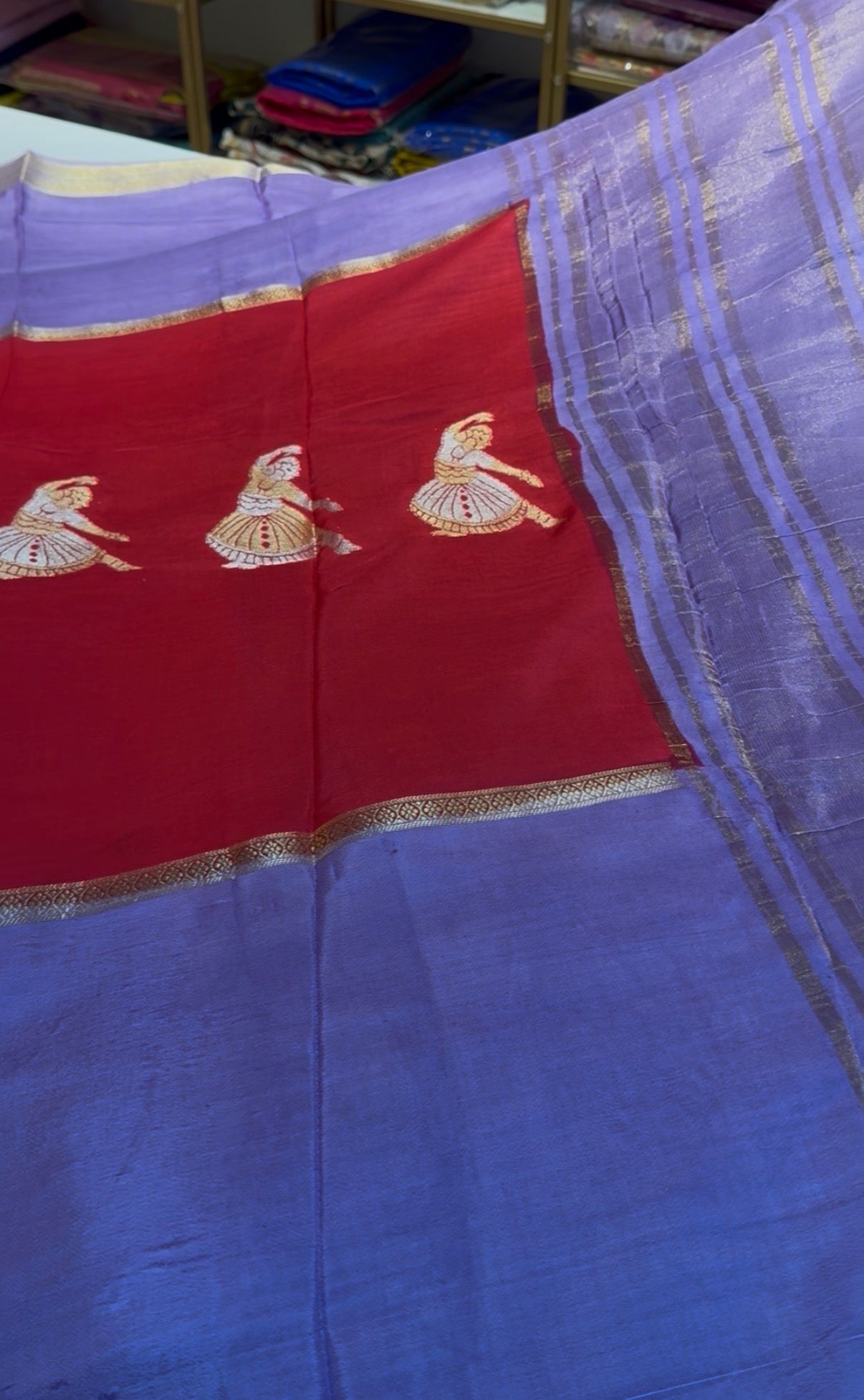 Red with lilac Premium viscose Saree