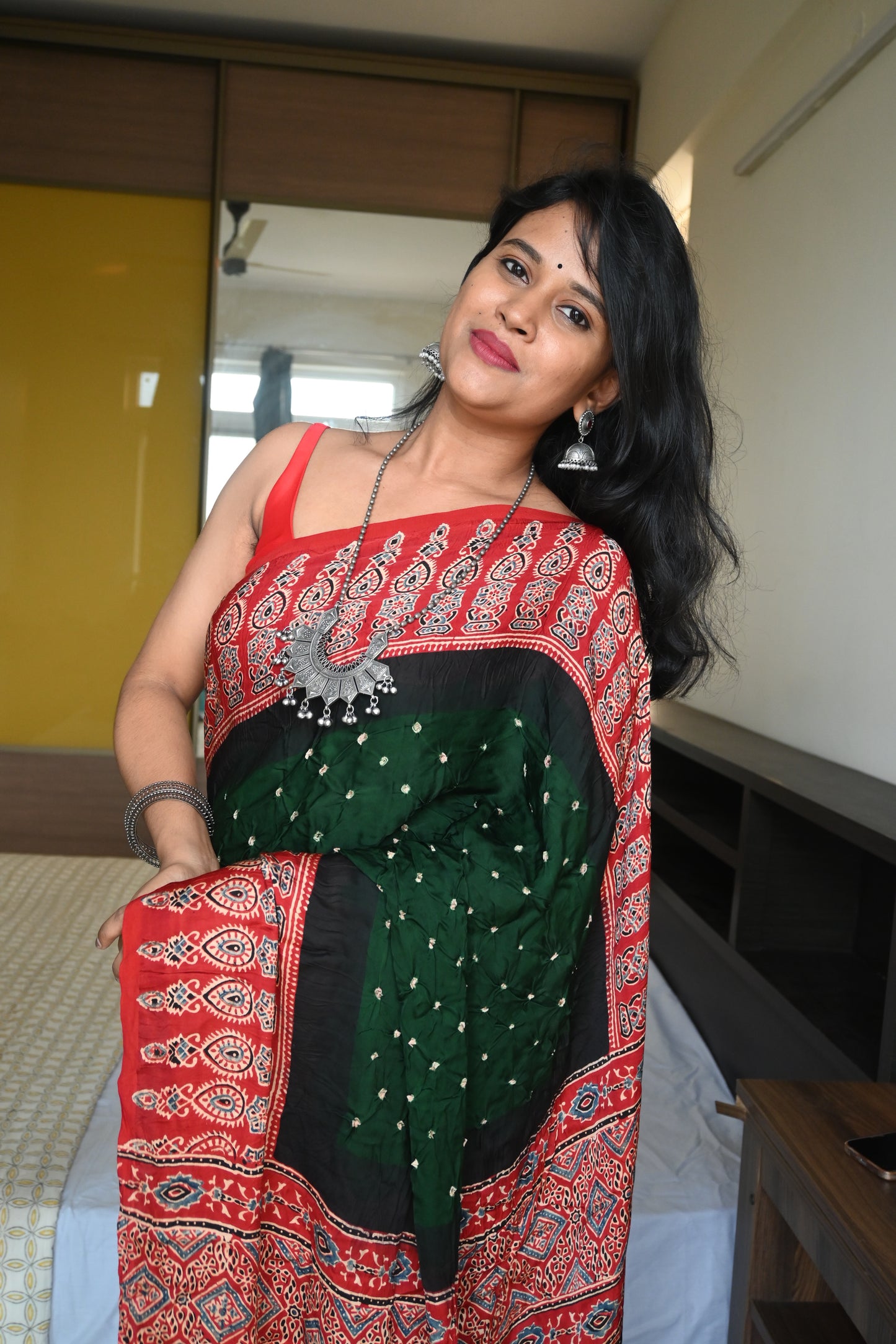 Anu Prabhakar Original hand knot Bandhej ajrakh modal silk saree
