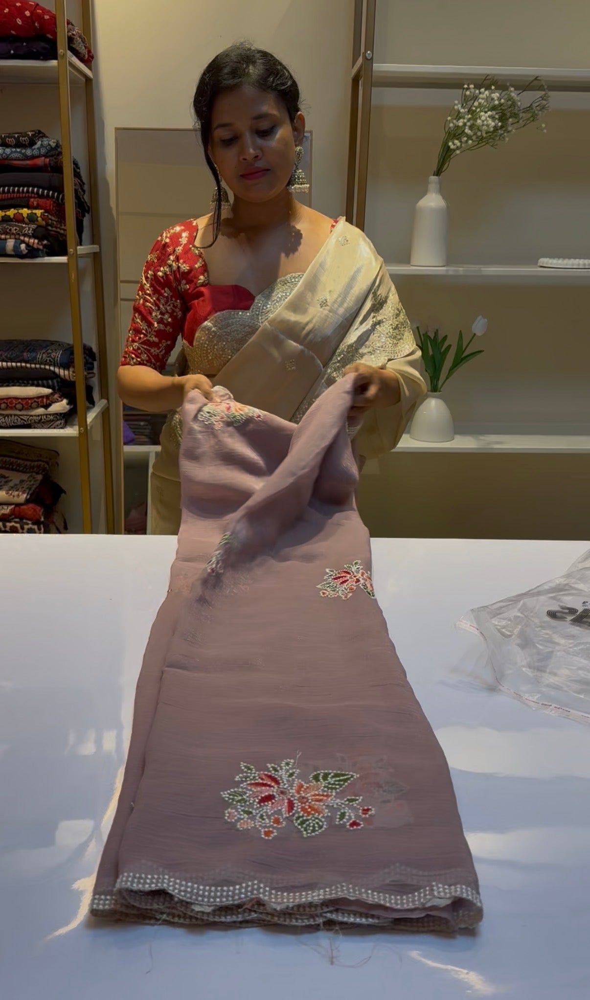 Peach floral embroidery saree