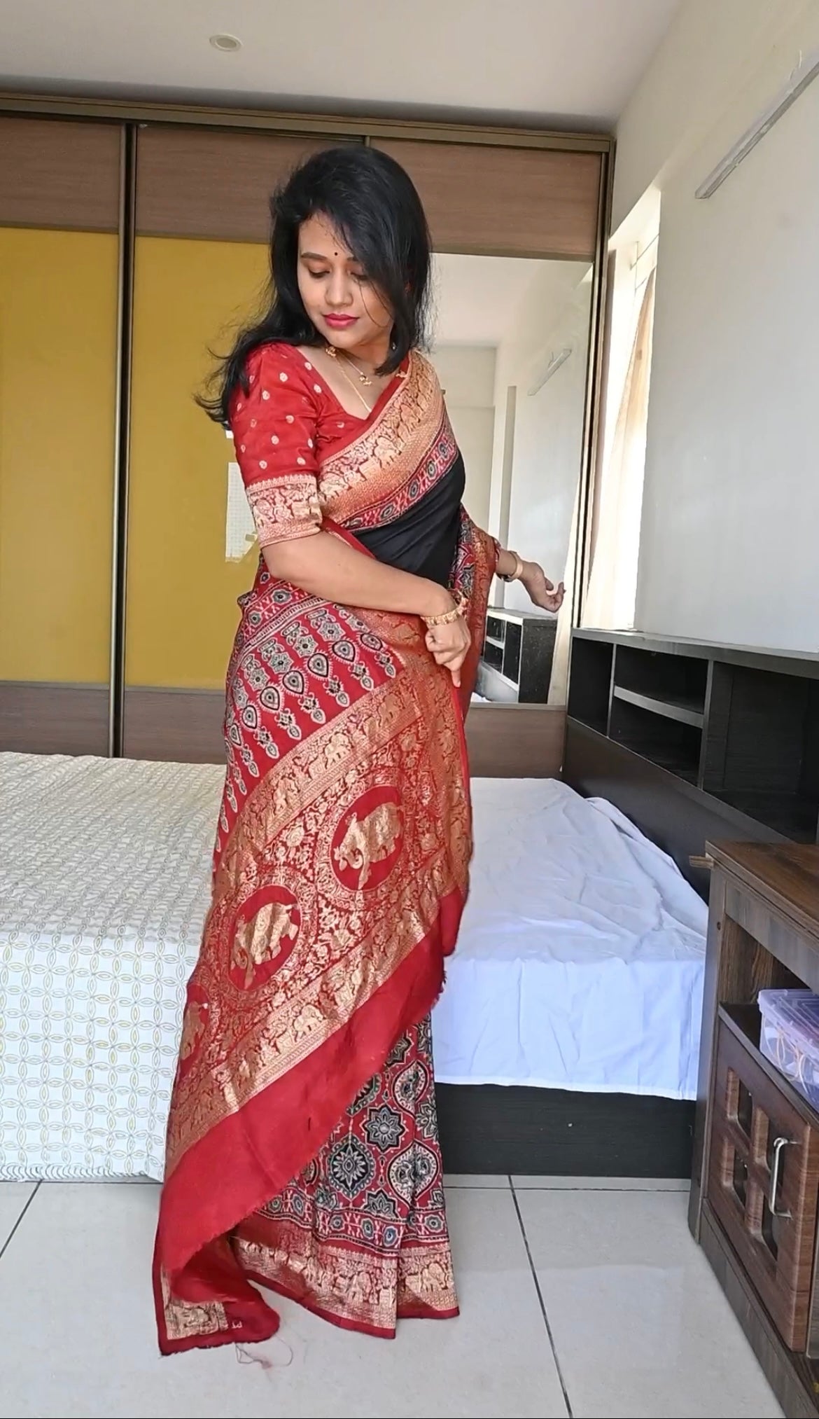 Half and Half Dola silk ajrakh saree