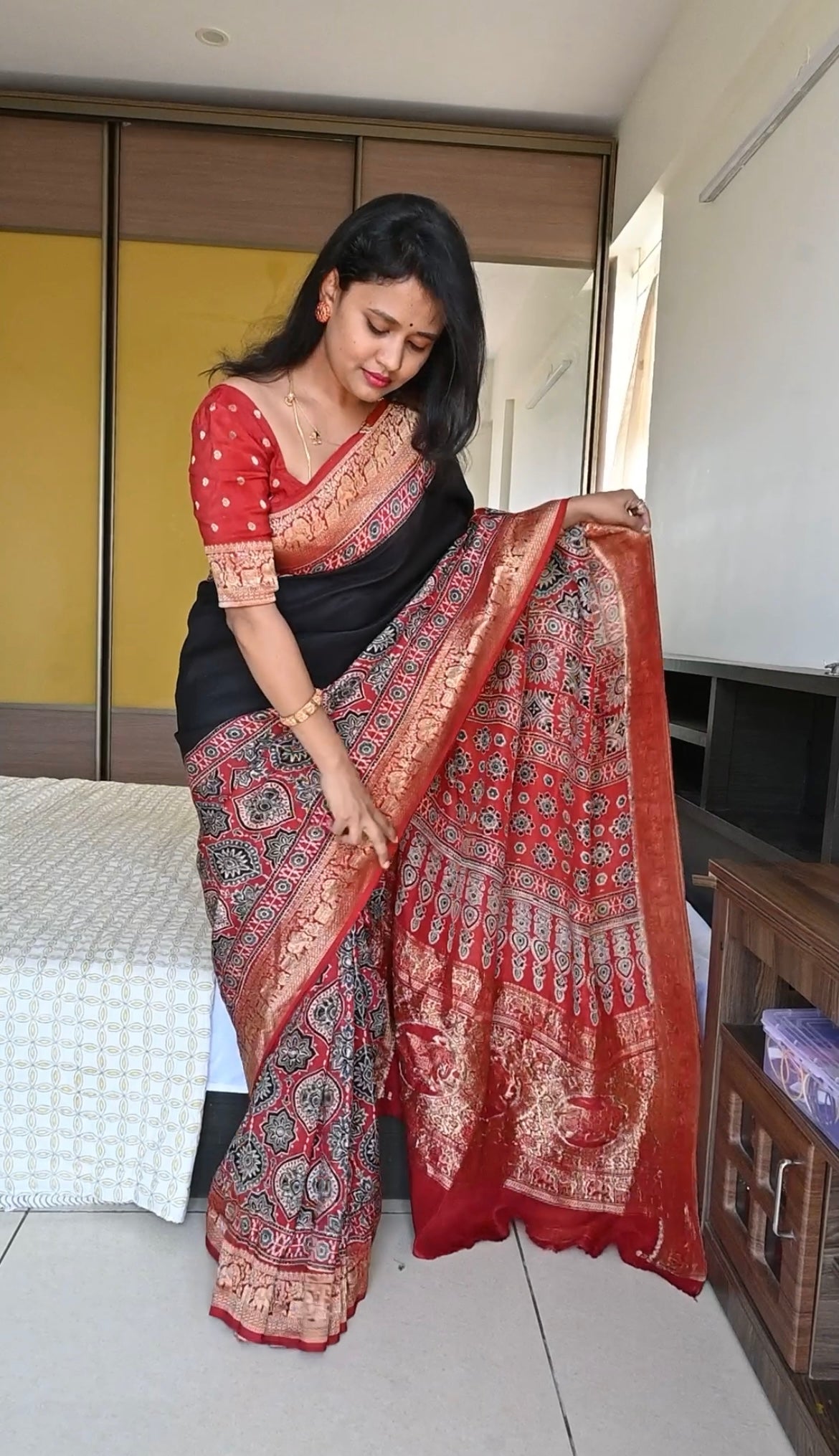 Half and Half Dola silk ajrakh saree