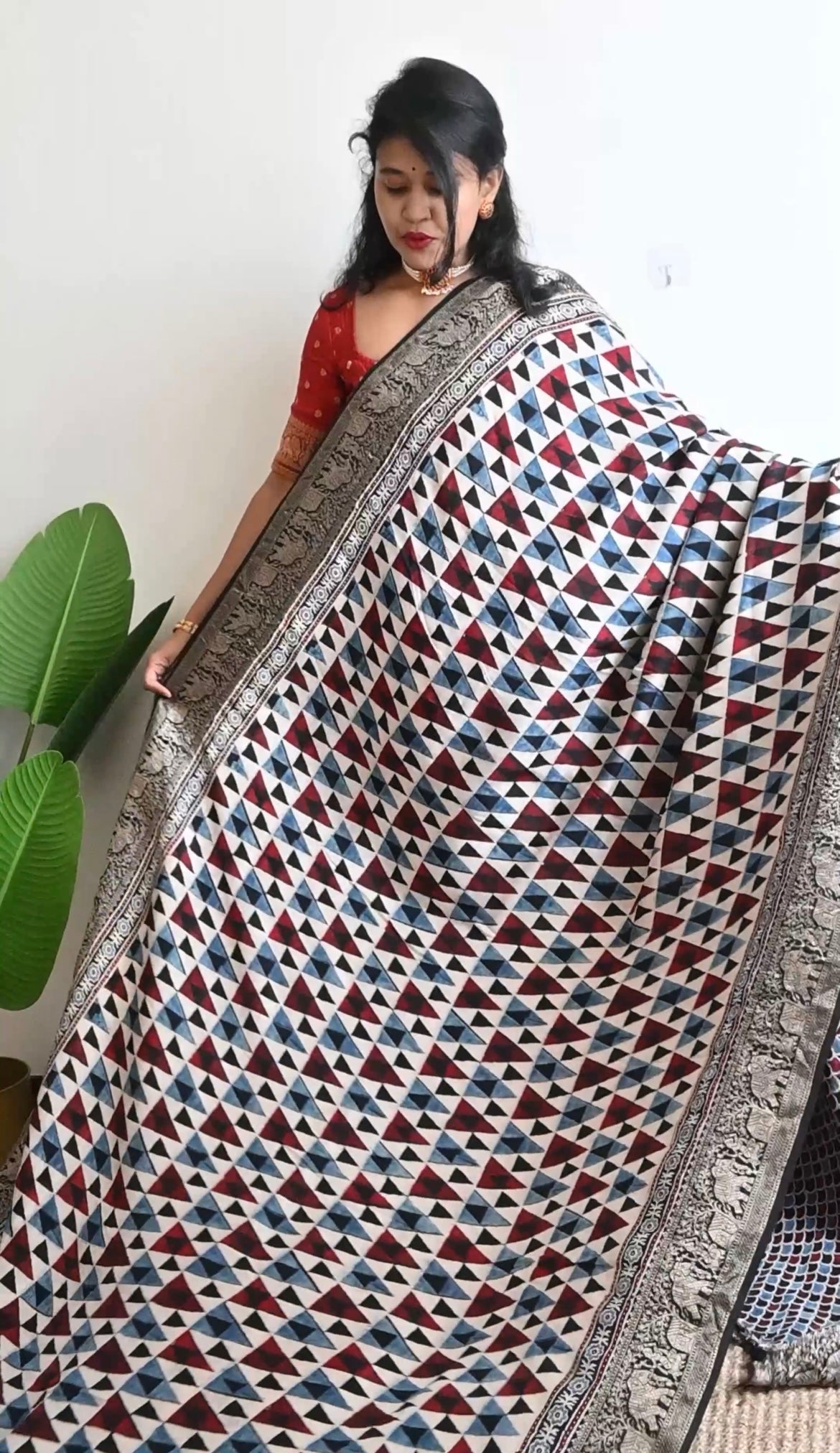 Dola Silk Saree with ajrakh hand block print
