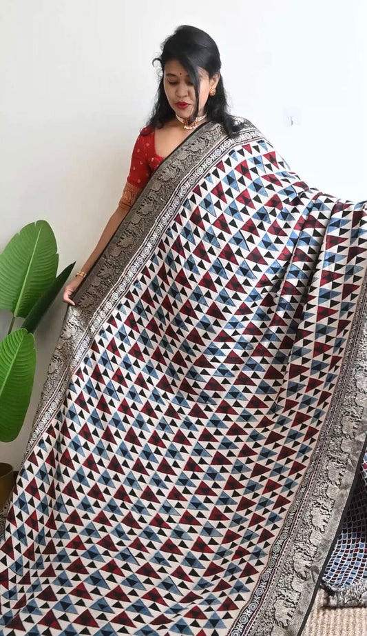 Dola Silk Saree with ajrakh hand block print