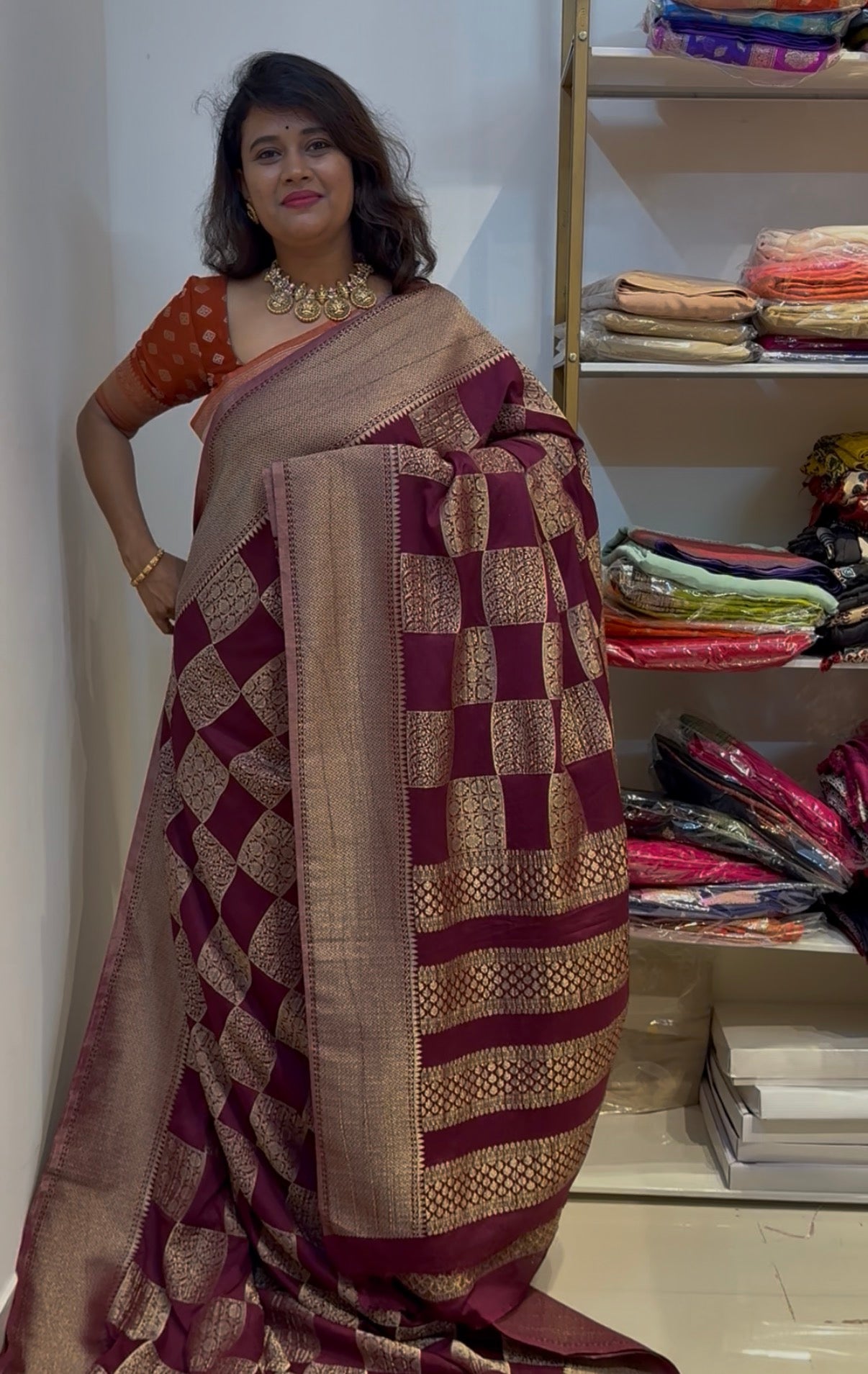 Wine chinnon crushed zari saree