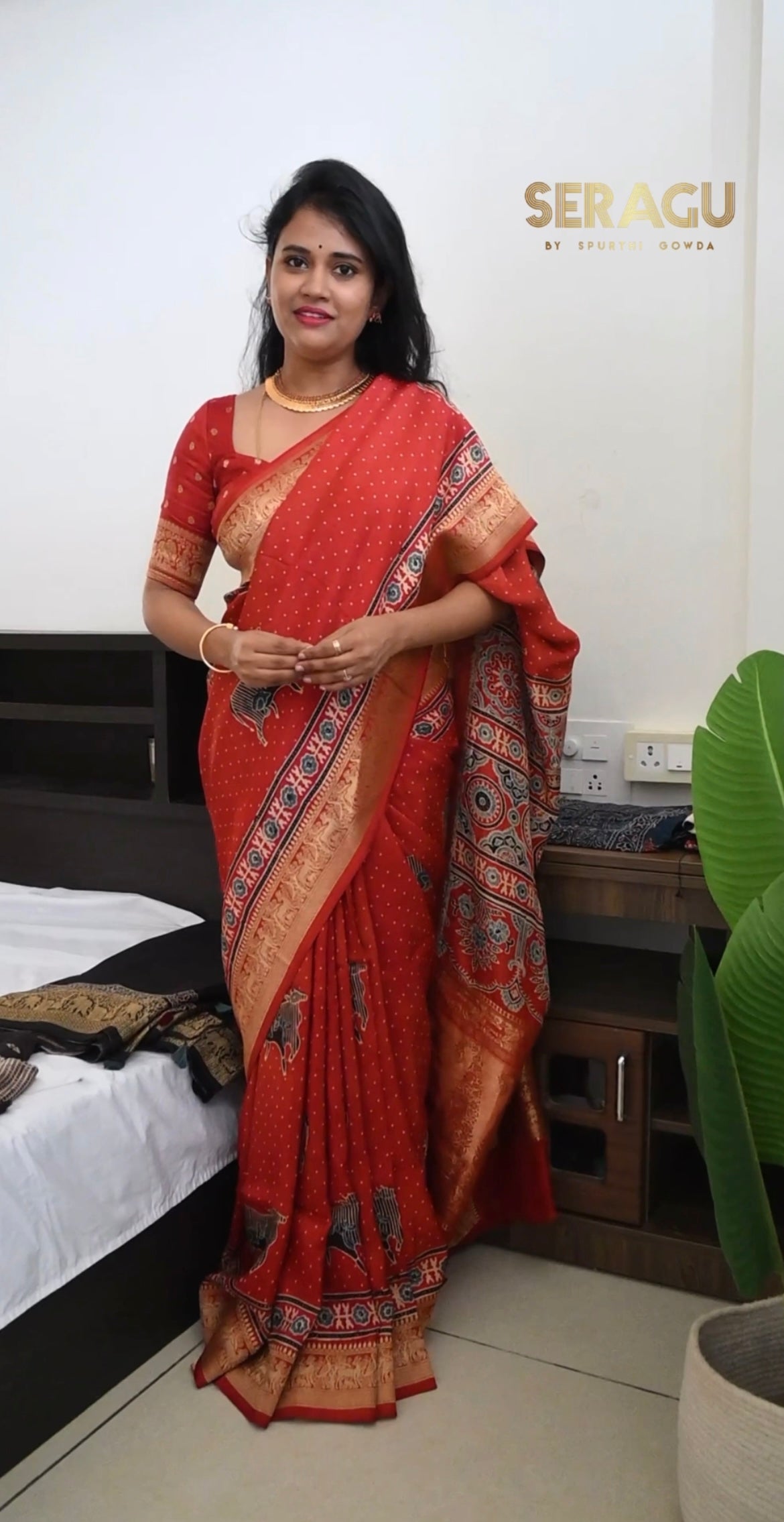 Dola Silk Saree with ajrakh hand block print