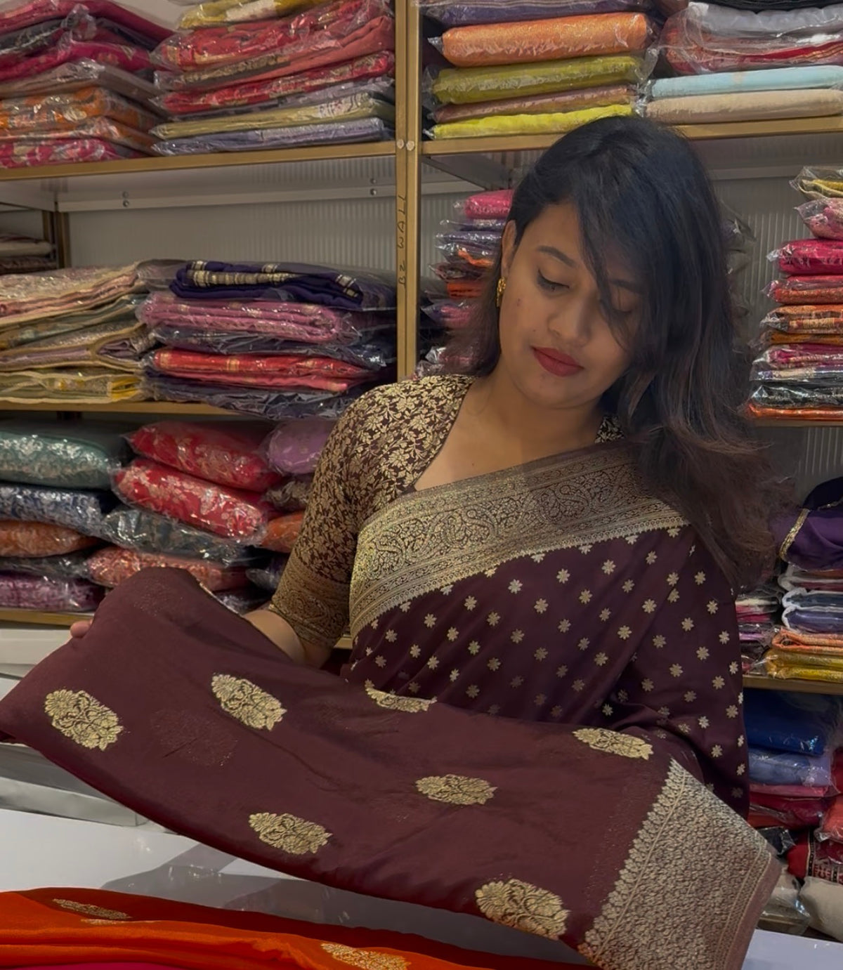 Brown BIG BUTTA DESIGNER SOFT GEORGETTE CREPE SILK SAREE (SBSGSCBBS)