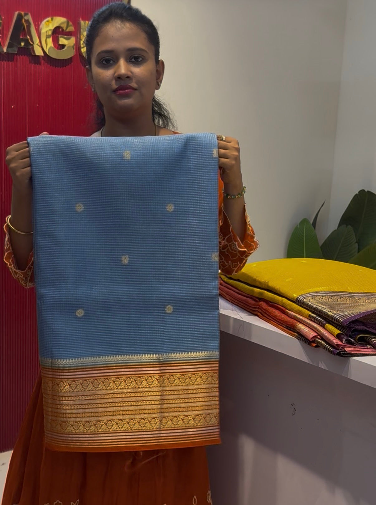 Blue with orange Vintage Dola silk saree