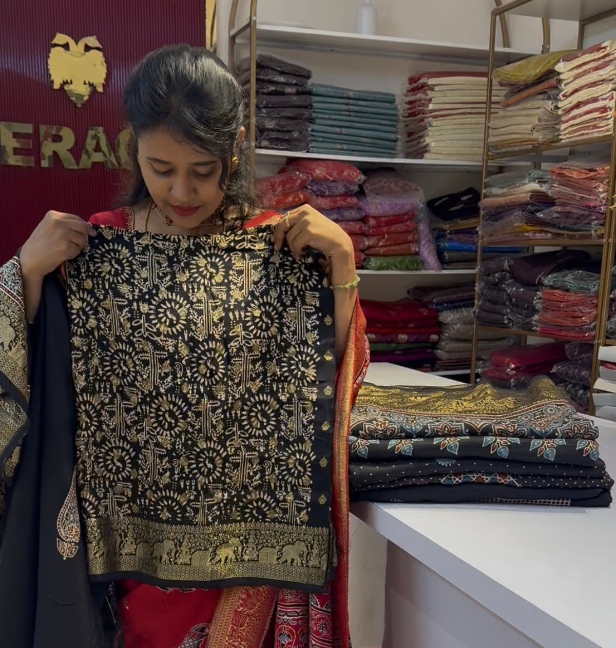 Dola Silk Saree with ajrakh hand block print