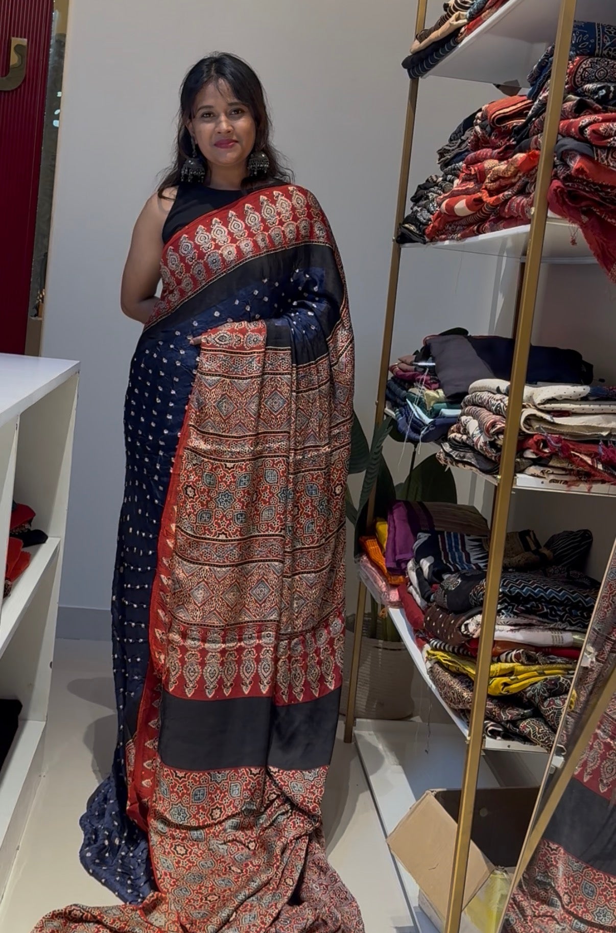 Blue with red Bandhej Ajrakh Modal Silk Saree