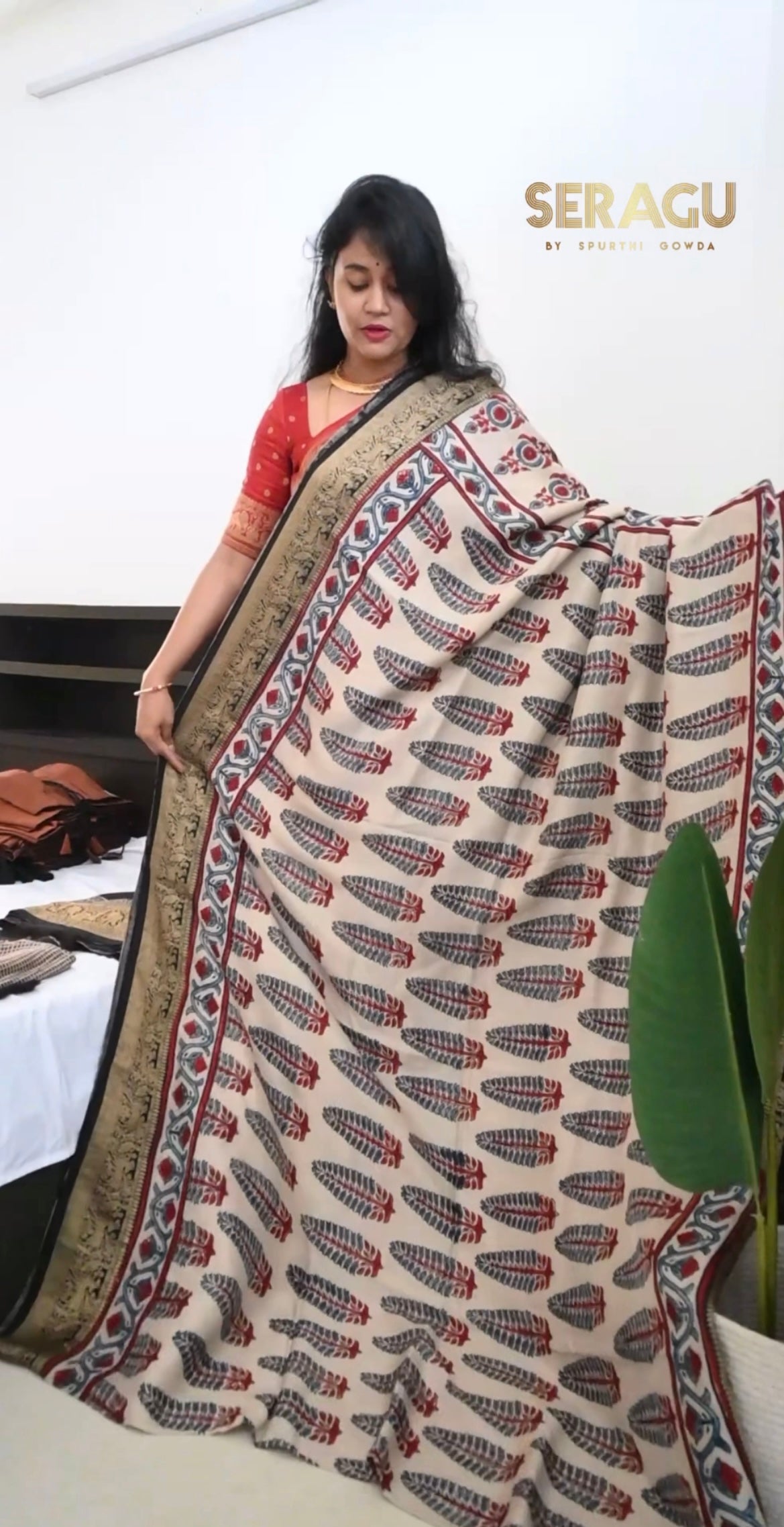 Dola Silk Saree with ajrakh hand block print