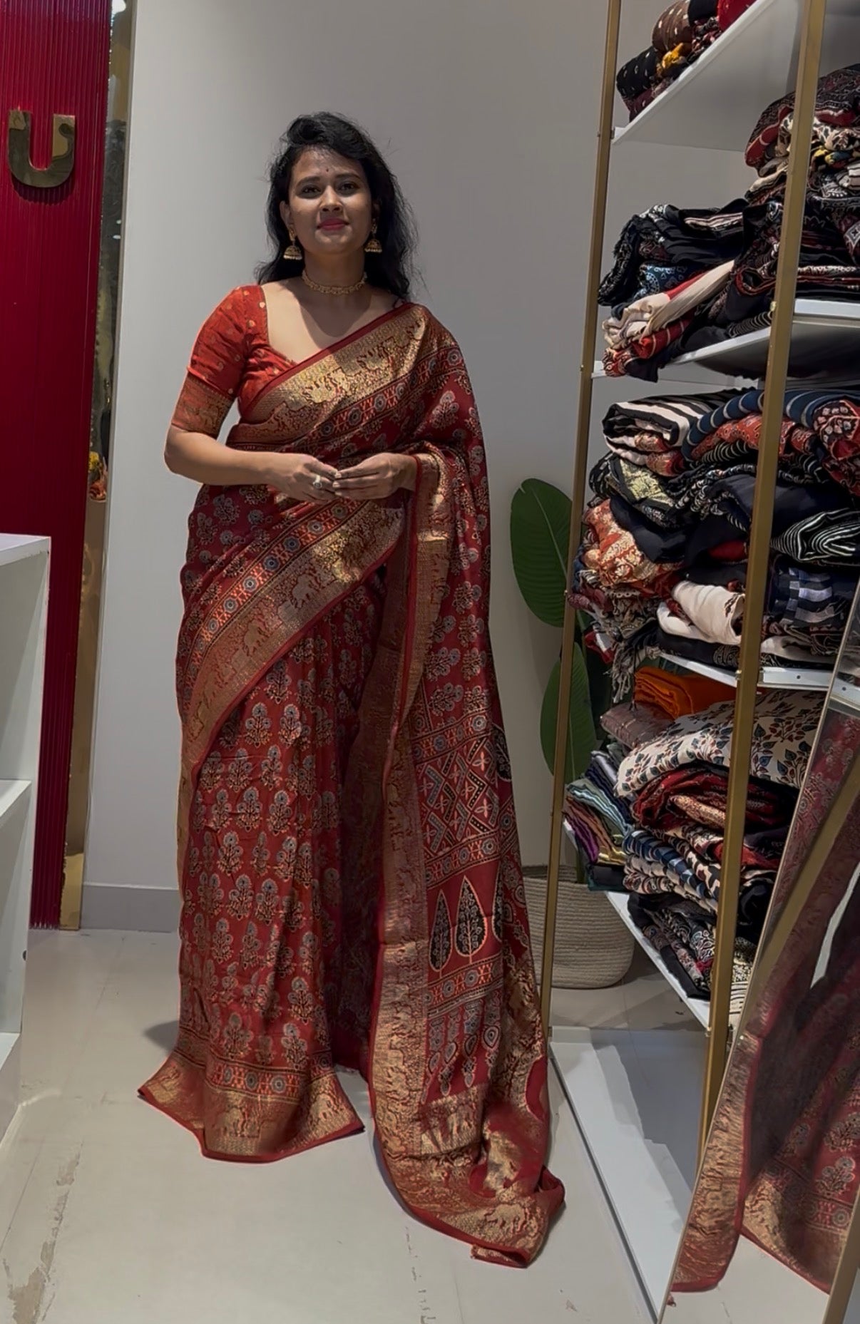 Maroon Dola Silk Saree with ajrakh hand block print
