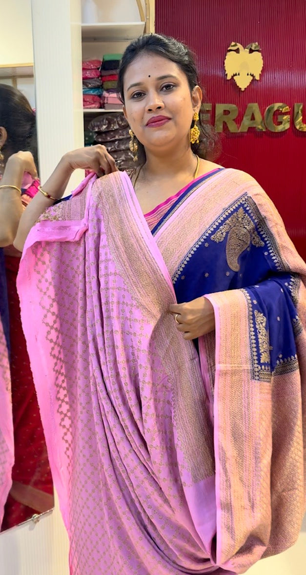 Blue with baby pink pure crepe Banarasi saree(BLUE01)