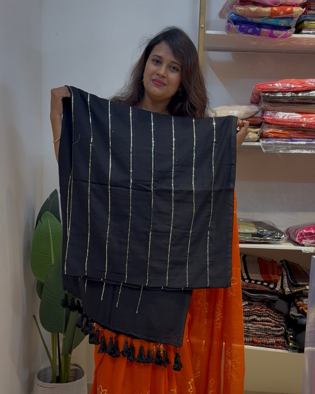 Black pure mul mul cotton sequence work saree(Black01)