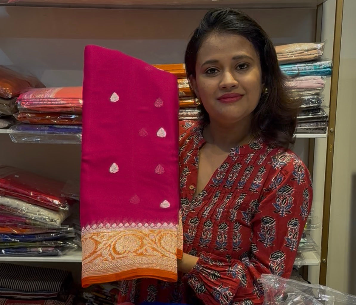 Pink with orange pure chiffon Banarasi sarees
