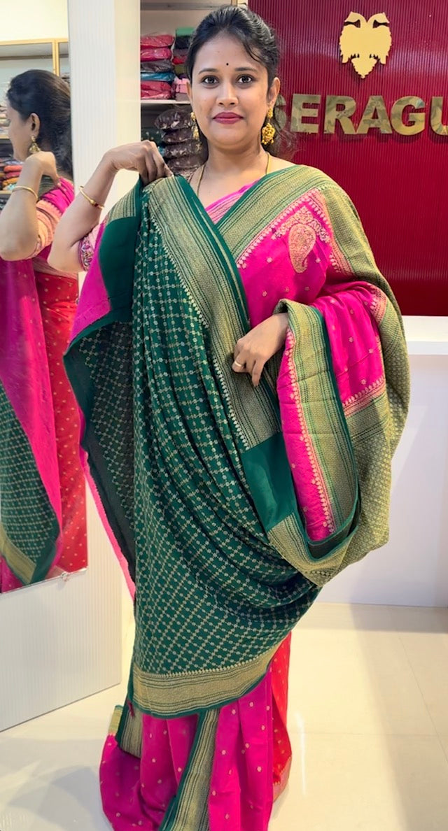 Pink with green pure crepe Banarasi saree (PINK05)